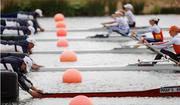 24 August 2006; Stack boat holders hold the boats at the start of the Women's single sculls semi-final at the 2006 World Rowing Championships. Dorney Lake, Eton, England. Picture credit; David Maher / SPORTSFILE