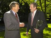 24 August 2006; Former Dublin Gaelic football great Jimmy Keaveney, who was today inducted into the prestigious MBNA Kick Fada Hall of Fame in conversation with former Kerry footballer and member of the MBNA Kick Fada Hall of Fame Donie O'Sullivan, left.The MBNA Kick Fada Hall of Fame, honours the greatest distance and most accurate kickers in Gaelic Football past and present. MBNA Headquarters, St. Stephens Green, Dublin. Picture credit: Pat Murphy / SPORTSFILE