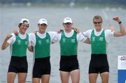 26 August 2006; Ireland rowers, left to right, Cormac Folan, bow, Sean O'Neill, 2nd seat, Sean Casey, 3rd seat, and Alan Martin, stroke, celebrate after winning the Men's four, B final, at the 2006 World Rowing Championships. Dorney Lake, Eton, England. Picture credit; David Maher / SPORTSFILE