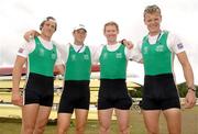 26 August 2006; Ireland rowers, left to right, Cormac Folan, bow, Sean O'Neill, 2nd seat, Sean Casey, 3rd seat, and Alan Martin, stroke, celebrate after winning the Men's four, B final, at the 2006 World Rowing Championships. Dorney Lake, Eton, England. Picture credit; David Maher / SPORTSFILE