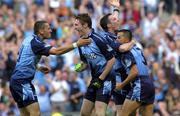 27 August 2006; Dublin players, from left, Alan Brogan, Declan Lally, Ray Cosgrove and Jason Sherlock celebrate after Sherlock had scored their side's second goal. Bank of Ireland All-Ireland Senior Football Championship Semi-Final, Dublin v Mayo, Croke Park, Dublin. Picture credit; Damien Eagers / SPORTSFILE