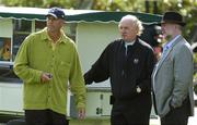 28 August 2006; USA team captain Tom Lehman with Dermot Desmond, centre, and Gerry Gannon, right, at the 1st tee box during the USA Ryder Cup team's practice on the Palmer Course. K Club, Straffan, Co. Kildare. Picture credit: Brendan Moran / SPORTSFILE