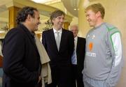 30 August 2006; Former French International and FIFA Executive Michel Platini in conversation with FAI Chief Executive John Delaney, centre, and Republic of Ireland manager Stephen Staunton. Portmarnock Golf Resort and Hotel, Portmarnock, Dublin. Picture credit: Pat Murphy / SPORTSFILE