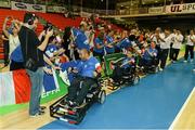 20 July 2014; France players and management staff celebrate with supporters after victory over England. European Powerchair Football Nations Cup Final, England v France, University of Limerick, Limerick. Picture credit: Diarmuid Greene / SPORTSFILE