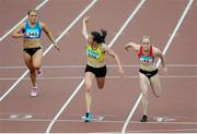 20 July 2014; Phil Healy, centre, Bandon AC, Cork and Amy Foster, right, City of Lisburn AC, Antrim, cross the finish line in a dead heat in the Women's 100m Final ahead of 5th placed Catherine McManus, Dublin City Harriers AC. GloHealth Senior Track and Field Championships, Morton Stadium, Santry, Co. Dublin. Picture credit: Cody Glenn / SPORTSFILE