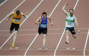 20 July 2014; Jamie Davis, right, Raheny Shamrocks AC, Dublin, celebrates after winning the Men's 100m Final ahead of second placed Eanna Madden, centre, Carrick-on-Shannon AC, Leitrim and fifth placed David Quilligan, Leevale AC, Cork. GloHealth Senior Track and Field Championships, Morton Stadium, Santry, Co. Dublin.Picture credit: Cody Glenn / SPORTSFILE