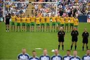 20 July 2014; The Donegal team stand for the National Anthem. Ulster GAA Football Senior Championship Final, Donegal v Monaghan, St Tiernach's Park, Clones, Co. Monaghan. Picture credit: Oliver McVeigh / SPORTSFILE