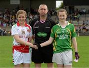 20 July 2014; Referee Niall McCormack with Mayo captain Maria Reilly, left, and Kerry captain Erica McGlynn. All-Ireland U14 'A' Ladies Football Championship Final, Kerry v Mayo, MacDonagh Park, Nenagh, Co. Tipperary. Picture credit: Matt Browne / SPORTSFILE