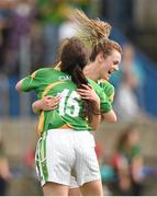 20 July 2014; Kerry's Jade Power, 15, congratulates team-mate Labhaoise Walmsley after she scored the fourth goal against Mayo. All-Ireland U14 'A' Ladies Football Championship Final, Kerry v Mayo, MacDonagh Park, Nenagh, Co. Tipperary. Picture credit: Matt Browne / SPORTSFILE