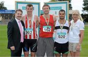 20 July 2014; Medallists in the Men's Javelin, from 2nd left, silver medallist Shane Aston, Trim AC, Meath, gold medallist Rory Murphy, Fr. Murphy's AC, Meath, and bronze medallist Jaco Oosthuysen, Donore Harriers AC, Dublin, in the company of Ciaran Ó Catháin, left, President, Athletics Ireland, and Moira Aston, Competitions Manager, Athletics Ireland. GloHealth Senior Track and Field Championships, Morton Stadium, Santry, Co. Dublin. Picture credit: Brendan Moran / SPORTSFILE