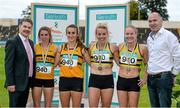 20 July 2014; Jim Dowdall, CEO, GloHealth, right, presents the gold medal for the Women's 4 x 400m to the Leevale AC, Cork, team, from left, Louise Shanahan, Carol Finn, Christine Neville and Andrea Bickerdike, in the company of Ciarán Ó Catháin, President, Athletics Ireland. GloHealth Senior Track and Field Championships, Morton Stadium, Santry, Co. Dublin. Picture credit: Brendan Moran / SPORTSFILE