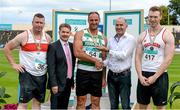 20 July 2014; Jim Dowdall, CEO, GloHealth, right, presents the gold medal for the men's 56lb Height to Barry Healy, Youghal AC, Cork, in the company of silver medallist Sean Breathnack, left, Galway City Harriers AC, bronze medallist Niall McEvoy, right, Crusaders AC, Dublin, and Ciarán Ó Catháin, President, Athletics Ireland. GloHealth Senior Track and Field Championships, Morton Stadium, Santry, Co. Dublin. Picture credit: Brendan Moran / SPORTSFILE