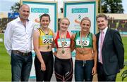 20 July 2014; Jim Dowdall, CEO, GloHealth, left, and Ciarán Ó Catháin, President, Athletics Ireland, with the medallists in the Women's 100m, from left, joint gold medallist Phil Healy, Bandon AC, Cork, joint gold medallist Amy Foster, centre, City of Lisburn AC, Antrim, and bronze medallist Kelly Proper, Ferrybank AC, Waterford. GloHealth Senior Track and Field Championships, Morton Stadium, Santry, Co. Dublin. Picture credit: Brendan Moran / SPORTSFILE