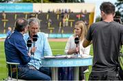 20 July 2014; RTE athletics analyst and coach Jerry Kiernan, centre, and Irish 100m record holder Ailis McSweeney with presenter Peter Collins. GloHealth Senior Track and Field Championships, Morton Stadium, Santry, Co. Dublin. Picture credit: Brendan Moran / SPORTSFILE