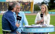 20 July 2014; Irish 100m record holder Ailis McSweeney in her role as athletics analyst for RTE television, alongside co-analyst Jerry Kiernan and presenter Peter Collins. GloHealth Senior Track and Field Championships, Morton Stadium, Santry, Co. Dublin. Picture credit: Brendan Moran / SPORTSFILE