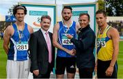 20 July 2014; David Crimmins, Commercial Director, GloHealth, 2nd right, presents the gold medal for the Men's 110m Hurdles to Gerard O'Donnell, Carrick-on-Shannon AC, Leitrim, in the company of silver medallist Kourosh Foroughi, Star of the Sea AC, Meath, bronze medallist Tomas Reynolds, North Down AC, and Ciarán Ó Catháin, President, Athletics Ireland. GloHealth Senior Track and Field Championships, Morton Stadium, Santry, Co. Dublin. Picture credit: Brendan Moran / SPORTSFILE
