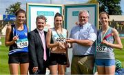 20 July 2014; David Conway, CEO National Sports Campus, 2nd right, presents the gold medal for the Women's High Jump to Cathriona Farrell, Craughwell AC, Galway, in the company of silver medallist Emily Rogers, St Peter's AC, Louth, bronze medallist Grainne Moggan, Dundrum South Dublin AC, and Ciarán Ó Catháin, President, Athletics Ireland. GloHealth Senior Track and Field Championships, Morton Stadium, Santry, Co. Dublin. Picture credit: Brendan Moran / SPORTSFILE