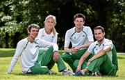 21 July 2014; In attendance at the Irish Team announcement for the European Track and Field Championships Zurich 2014, from left, Thomas Barr, 400m Hurdles, Sarah Lavin, 100m Hurdles, Mark English, 800m, and Brian Gregan, 400m. Santry Park, Santry, Co. Dublin. Picture credit: Brendan Moran / SPORTSFILE
