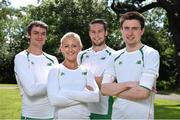 21 July 2014; In attendance at the Irish Team announcement for the European Track and Field Championships Zurich 2014, from left, Thomas Barr, 400m Hurdles, Sarah Lavin, 100m Hurdles, Brian Gregan, 400m, and Mark English, 800m. Santry Park, Santry, Co. Dublin. Picture credit: Brendan Moran / SPORTSFILE