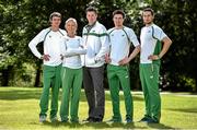 21 July 2014; In attendance at the Irish Team announcement for the European Track and Field Championships Zurich 2014, from left, Thomas Barr, 400m Hurdles, Sarah Lavin, 100m Hurdles, Kevin Ankrom, High Performance Manager, Athletics Ireland, Mark English, 800m, and Brian Gregan, 400m. Santry Park, Santry, Co. Dublin. Picture credit: Brendan Moran / SPORTSFILE