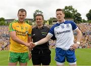 20 July 2014; Referee Maurice Deegan with Donegal captain Michael Murphy and Monaghan captain Conor McManus. Ulster GAA Football Senior Championship Final, Donegal v Monaghan, St Tiernach's Park, Clones, Co. Monaghan. Picture credit: Oliver McVeigh / SPORTSFILE