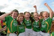 20 July 2014; Kerry players from left Jade Powell, Kate Maher, Erika O'Sullivan, Mollie O'Connoll and Georgia O'Dwyer celebrate after the final whistle. All-Ireland U14 'A' Ladies Football Championship Final, Kerry v Mayo, MacDonagh Park, Nenagh, Co. Tipperary. Picture credit: Matt Browne / SPORTSFILE