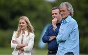 20 July 2014; RTE presenter Peter Collins, centre, with Irish 100m record holder Ailis McSweeney and former irish distance runner and coach Jerry Kiernan. GloHealth Senior Track and Field Championships, Morton Stadium, Santry, Co. Dublin. Picture credit: Brendan Moran / SPORTSFILE