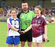 20 July 2014; Referee Seamus Mulvihill with Waterford captain Kaiesha Tobin and Galway captain Marie Mitchell. All-Ireland U14 'B' Ladies Football Championship Final, Galway v Waterford, MacDonagh Park, Nenagh, Co. Tipperary. Picture credit: Matt Browne / SPORTSFILE