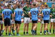 20 July 2014; Dublin players, from right to left,  Paul Flynn, Diarmuid Connolly, Alan Brogan, and Kevin McManamon shake hands with Meath players before the game. Leinster GAA Football Senior Championship Final, Dublin v Meath, Croke Park, Dublin. Picture credit: Ray McManus / SPORTSFILE