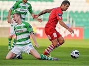 21 July 2014; John O'Flynn, Cork City, in action against Conor Kenna, Shamrock Rovers. EA Sports Cup, Quarter-Final, Shamrock Rovers v Cork City, Tallaght Stadium, Tallaght, Co. Dublin. Picture credit: David Maher / SPORTSFILE