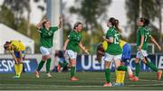 21 July 2014; Republic of Ireland players, from left, Chloe Mustaki, Savannah McCarthy, Clare Shine and Katie McCabe, celebrate their 2-1 victory over Sweden. 2014 UEFA Women's U19 Championship, Republic of Ireland v Sweden, UKI Arena, Jessheim, Ullensaker, Norway. Picture credit: Stephen McCarthy / SPORTSFILE