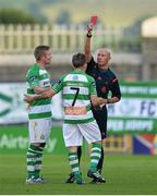 21 July 2014; Referee Paul Tuite, shows the red card to Gary McCabe, right, Shamrock Rovers. EA Sports Cup, Quarter-Final, Shamrock Rovers v Cork City, Tallaght Stadium, Tallaght, Co. Dublin. Picture credit: David Maher / SPORTSFILE
