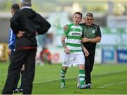 21 July 2014; Gary McCabe, Shamrock Rovers, is assisted off the pitch by Shamrock Rovers assistant manager John Gill after been sent off by referee Paul Tuite. EA Sports Cup, Quarter-Final, Shamrock Rovers v Cork City, Tallaght Stadium, Tallaght, Co. Dublin. Picture credit: David Maher / SPORTSFILE