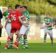 21 July 2014; Gary Buckley, Cork City, clashes with Ronan Finn, Shamrock Rovers, shortly before been sent off by referee Paul Tuite. EA Sports Cup, Quarter-Final, Shamrock Rovers v Cork City, Tallaght Stadium, Tallaght, Co. Dublin. Picture credit: David Maher / SPORTSFILE