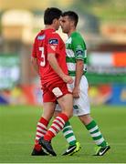 21 July 2014; Robert Bayly, Shamrock Rovers, clashes with John Kavanagh, Cork City. EA Sports Cup, Quarter-Final, Shamrock Rovers v Cork City, Tallaght Stadium, Tallaght, Co. Dublin. Picture credit: David Maher / SPORTSFILE