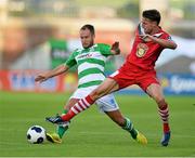 21 July 2014; Michael McSweeney, Cork City, in action against Sean O'Connor, Shamrock Rovers. EA Sports Cup, Quarter-Final, Shamrock Rovers v Cork City, Tallaght Stadium, Tallaght, Co. Dublin. Picture credit: David Maher / SPORTSFILE