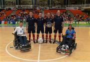 20 July 2014; England captain Jon Bolding and France captain Bryan Weiss along with match officials, from left to right, Alan Patchell, Gerry Behan, Martin Bevan and Mark Whelan, before the game. European Powerchair Football Nations Cup Final, England v France, University of Limerick, Limerick. Picture credit: Diarmuid Greene / SPORTSFILE