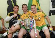 20 July 2014; Michael Boyle, Patrick McBrearty and Luke Kearney, Donegal celebrate with the Anglo Celt cup after the game. Ulster GAA Football Senior Championship Final, Donegal v Monaghan, St Tiernach's Park, Clones, Co. Monaghan. Picture credit: Oliver McVeigh / SPORTSFILE