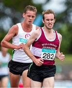 20 July 2014; Mark Christie, Mullingar Shamrocks AC, Westmeath, leads eventual winner Kevin Batt, St Coca's AC, Kildare, during the Men's 5000m Final. GloHealth Senior Track and Field Championships, Morton Stadium, Santry, Co. Dublin. Picture credit: Brendan Moran / SPORTSFILE