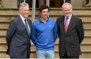22 July 2014; British Open Champion Rory McIlroy with Peter Robinson, MLA, first Minister of Northern Ireland and Martin McGuinness, right, MLA, deputy first Minister of Northern Ireland, during a visit to Stormont Castle, Belfast, Co. Antrim. Picture credit: Oliver McVeigh / SPORTSFILE
