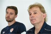 22 July 2014; St Patrick's Athletic manager Liam Buckley and captain Ger O'Brien during a press conference ahead of their UEFA Champions League, Second Qualifying Round, First Leg, game against Legia Warszawa on Wednesday. St Patrick's Athletic Press Conference, Tallaght Stadium, Tallaght, Co. Dublin. Photo by Sportsfile