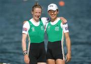 27 August 2006; Ireland rowers Niamh Ni Cheilleachair, left, stroke, and Sinead Jennings, bow, celebrate after winning the lightwight women's double sculls B Final. 2006 World Rowing Championships. Dorney Lake, Eton, England. Picture credit; David Maher / SPORTSFILE