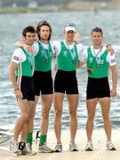 27 August 2006; Ireland rower, from left, Gearoid Towey, bow, Eugene Coakley, second seat, Richard Archibald, third seat and Paul Griffin, stroke, after finishing third and winning a bronze medal during the lightwight men's four A Final, 2006 World Rowing Championships, Dorney Lake, Eton, England. Picture credit; David Maher / SPORTSFILE