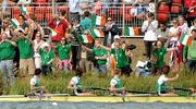 27 August 2006; Ireland rowers, from left, Gearoid Towey, bow, Eugene Coakley, second seat, Richard Archibald, third seat and Paul Griffin, stroke, are cheered on by Ireland supporters after finishing third and winning a bronze medal during the lightwight men's four A Final, 2006 World Rowing Championships, Dorney Lake, Eton, England. Picture credit; David Maher / SPORTSFILE