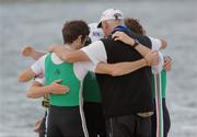 27 August 2006; Ireland rowers Gearoid Towey, Eugene Coakley, Richard Archibald, and Paul Griffin,huddle together with their head coach, Harald Jahrling after finishing third and winning a bronze medal during the lightwight men's four A Final. 2006 World Rowing Championships, Dorney Lake, Eton, England. Picture credit; David Maher / SPORTSFILE