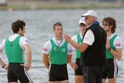 27 August 2006; Ireland rowers, from left, Gearoid Towey, Paul Griffin, Richard Archibald, and Eugene Coakley, with their head coach Harald Jahrling, after finishing third and winning a bronze medal during the lightwight men's four A Final. 2006 World Rowing Championships, Dorney Lake, Eton, England. Picture credit; David Maher / SPORTSFILE