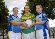 29 August 2006; Longford joint captain Sharon Treacy, left, Leitrim player Sarah McLoughlin, centre, and Longford joint captain Yvonne Barden who will meet in the TG4 All-Ireland Junior Ladies Football Championship semi-final in Roscommon on Saturday, September 9th. IFSC, Dublin. Picture credit; Damien Eagers / SPORTSFILE