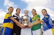 29 August 2006; From left are Clare captain Majella Griffin, Sligo captain Angela Doohan, Longford joint captain Yvonne Barden, Leitrim captain Sarah McLoughlin and Longford joint captain Sharon Treacy ahead of their meeting in the TG4 All-Ireland Junior Ladies Football Championship semi-final in Roscommon and Tullamore on Saturday, September 2nd and 9th. IFSC, Dublin. Picture credit; Damien Eagers / SPORTSFILE