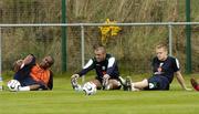 31 August 2006; Republic of Ireland players left to right, Clinton Morrison, Stephen Carr and Damien Duff, take a break during squad training. Malahide FC, Malahide, Dublin. Picture credit: David Maher / SPORTSFILE