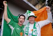 2 September 2006; Republic of Ireland supporters Sean Batty, left, and Paul Larrissy, both from Dublin, cheer on their team before the start of the game. Euro 2008 Championship Qualifier, Germany  v Republic of Ireland, Gottleib-Damlier Stadion, Stuttgart, Germany. Picture credit: David Maher / SPORTSFILE